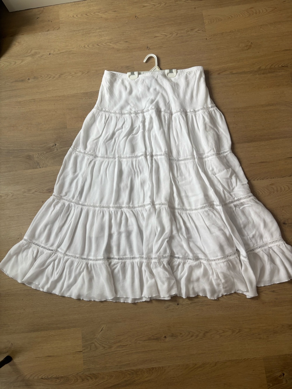 Karen Kane White Tiered Maxi Skirt with Ladder Lace